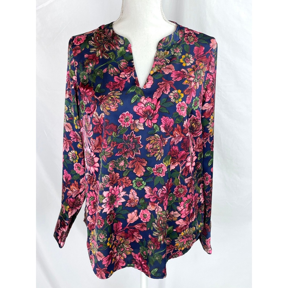 Talbots Satin Charmeuse Blouse SMALL Blue Pink Floral top Long Sleeve Split Neck